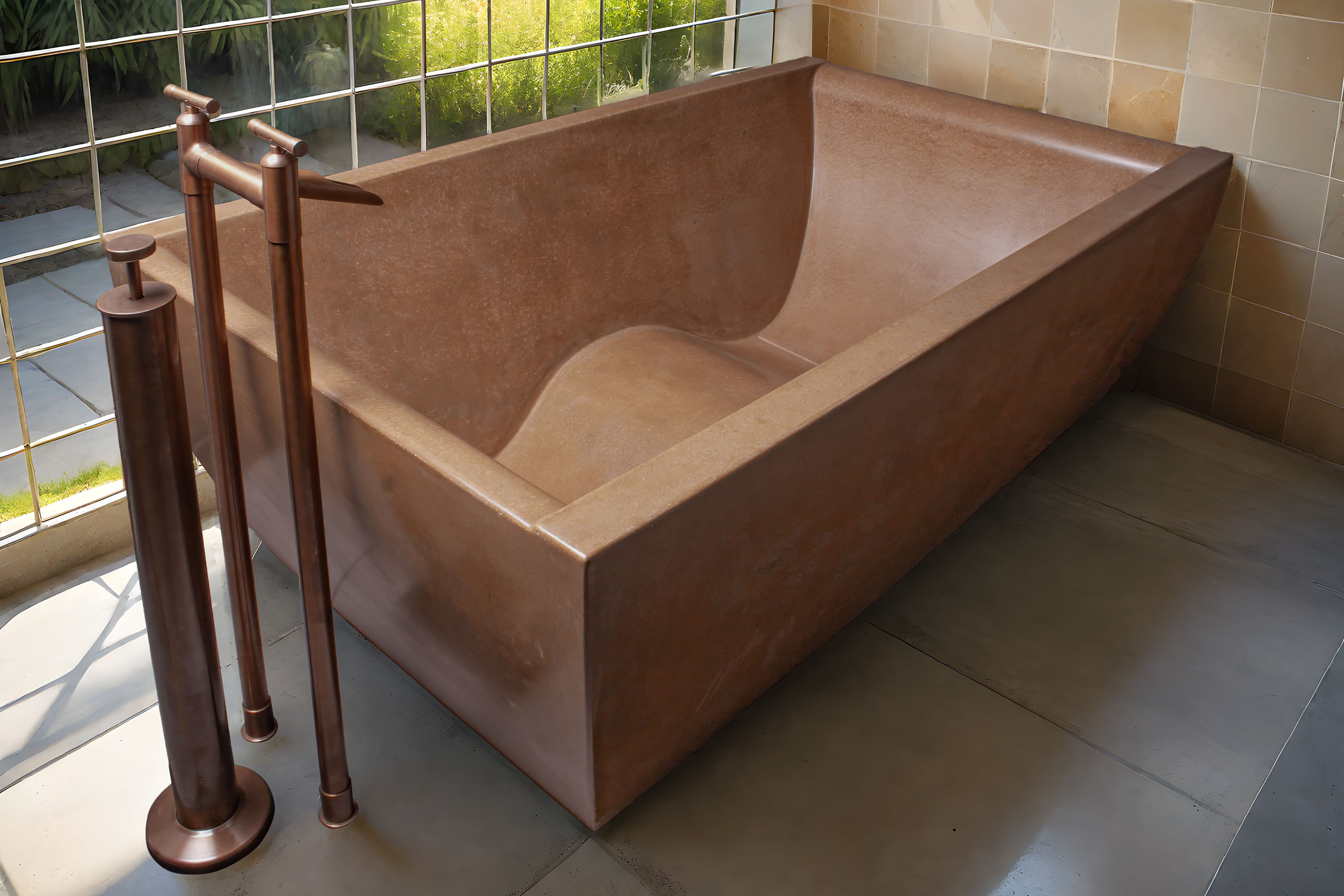 DoubleWave Concrete Soaking Tub, C611 Buckskin, with Sonoma Forge Tub-Filler