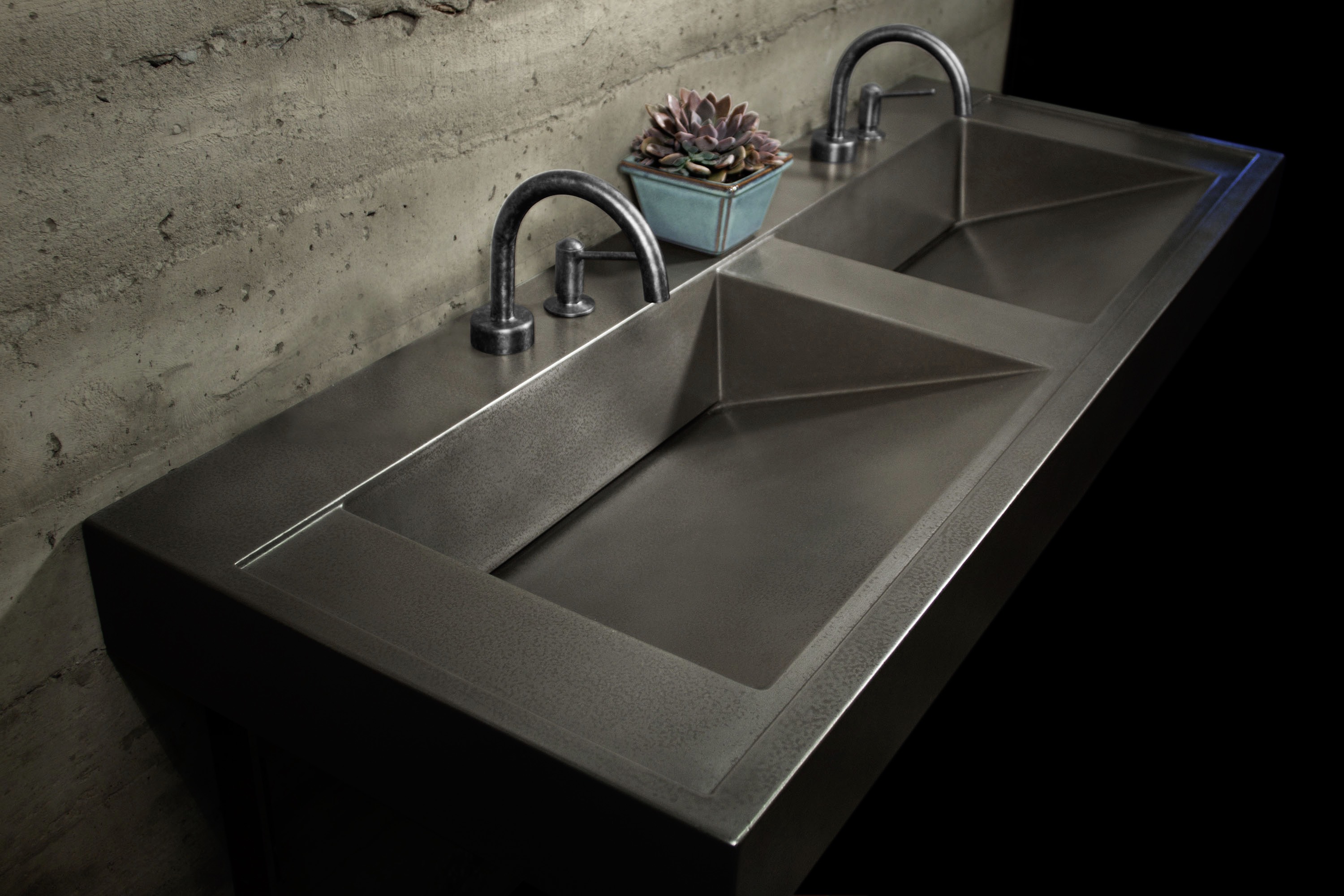 Twin RampSinks in Genuine MetalCrete® Concrete, Pewter Finish, Sans Hands faucets by Sonoma Forge